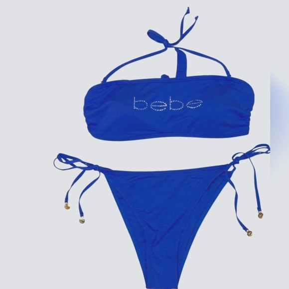 BEBE 2-Piece Rhinestone Triangle Dazzling Blue Bandeau Bikini Swimsuit L - Picture 3 of 6